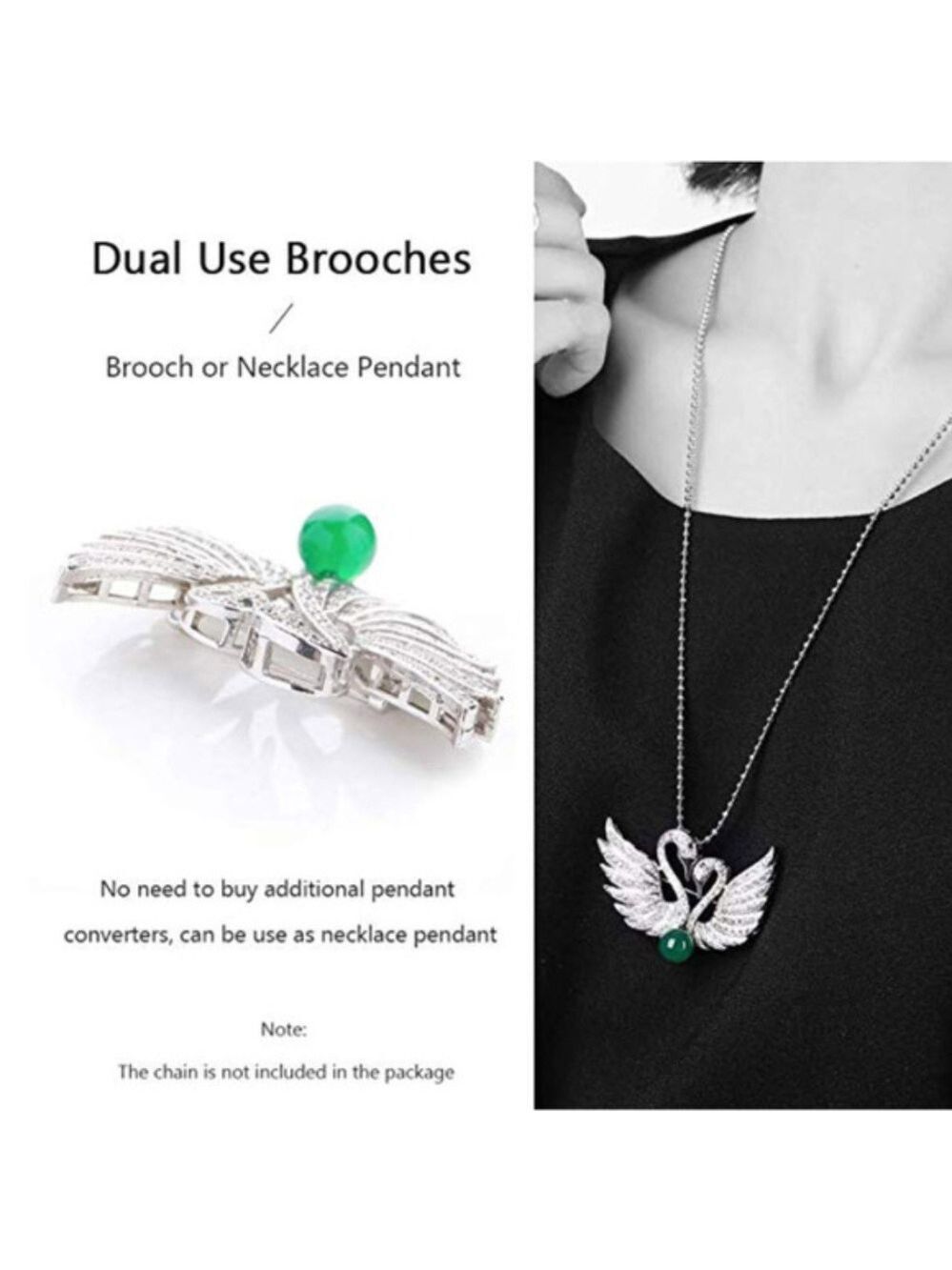swan couple rhinestone & jade brooch / pendant - Picture 3 of 7